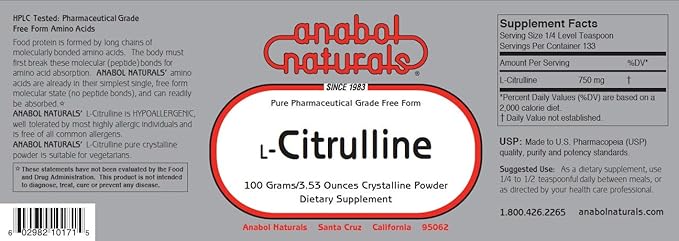 Anabol Naturals Nitric Oxide (N.O.) Stack: L-Arginine 100 gm Powder and L-Citrulline 100 gm Powder