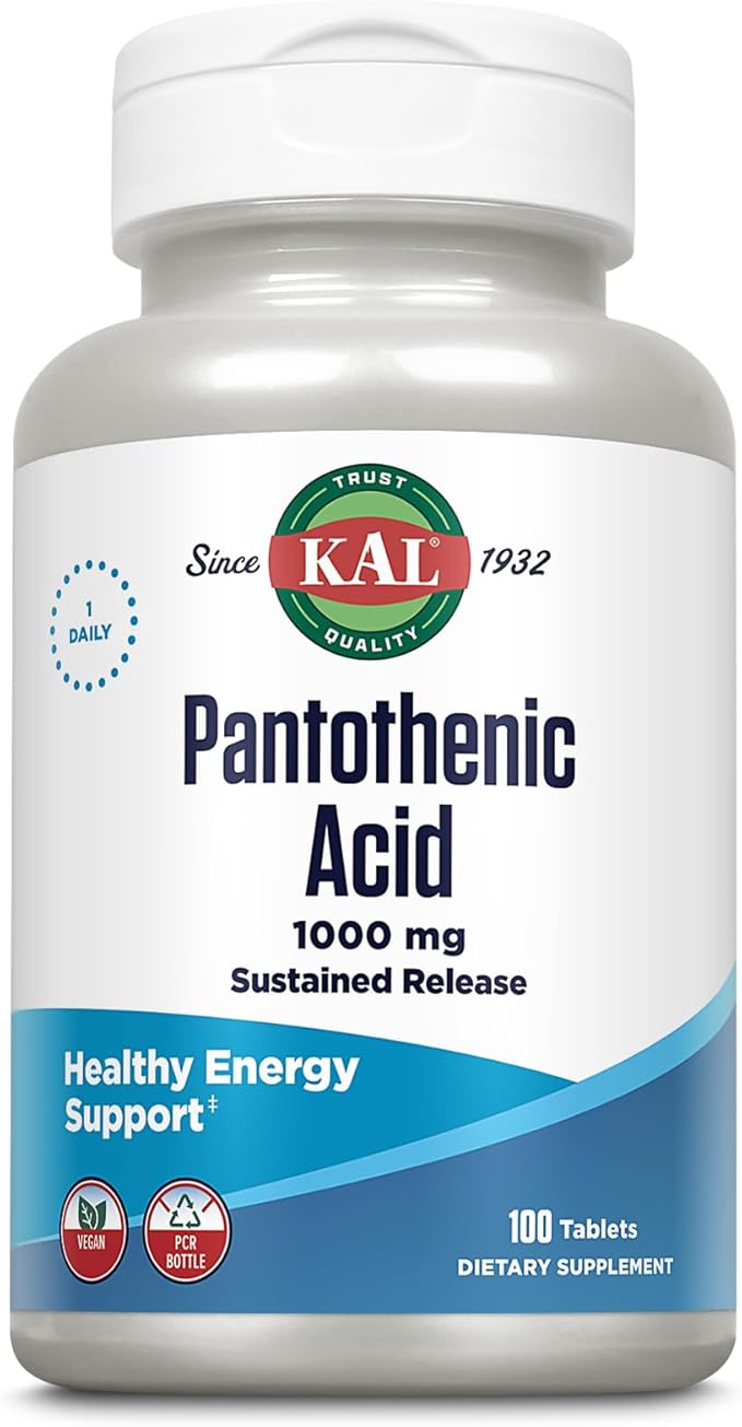 KAL Pantothenic Acid 1000mg Supplement for Men &amp Women - Vitamin B5 1000 mg Supports Cellular Energy Metabolism Nerve Function Sustained Release Vegan - 100 Tablets