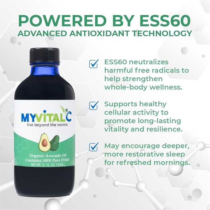 MyVitalC Organic Avocado Oil - Pure ESS60 Antioxidant Supplement - May Help With Anti-Aging Longevity Sleep More Energy - Performance - 120ML