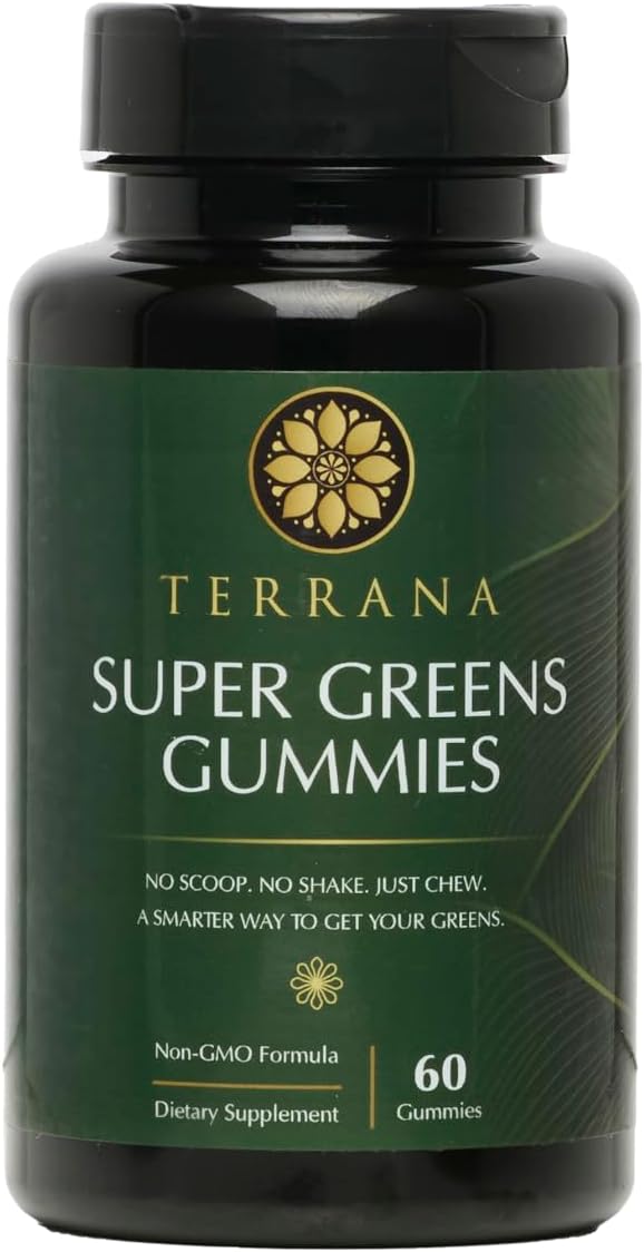 Terrana Super Greens Gummies - Daily Greens Supplement with Fruits Veggies Prebiotics &amp Antioxidants for Energy Digestion &amp Immunity - Vegan Non-GMO 60 Gummies