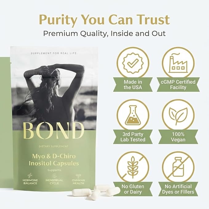 BOND Myo-Inositol &amp D-Chiro Inositol Supplement for Women | Supports PCOS &amp Hormone Balance Ovulation &amp Regular Cycles – 40:1 Ratio | Fertility Supplements for Women | 90 Vegan Capsules (