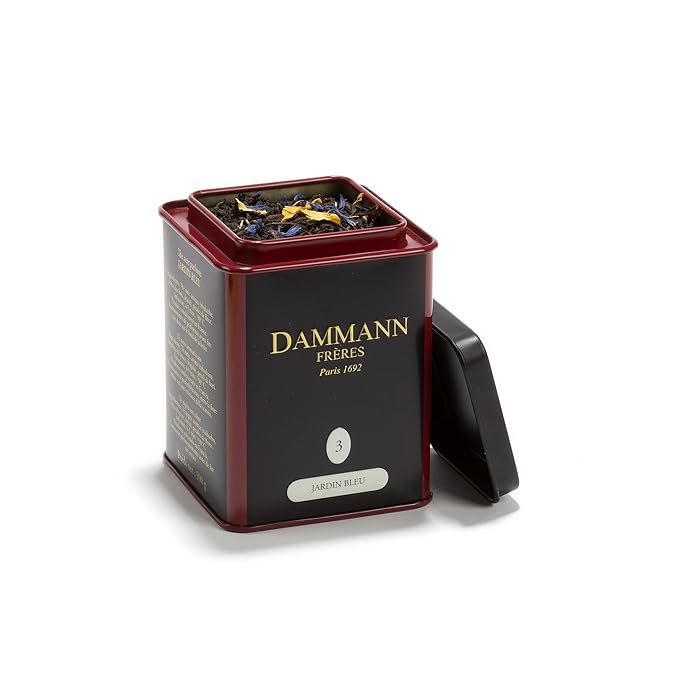 Dammann Freres Loose Leaf Jardin Bleu Premium Gourmet French Black Tea Blend Strawberry Rhubarb Flavors 3.52 Ounce Tin