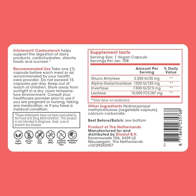 Intoleran Carbostarch Digestive Enzymes - 108 Capsules | Helps Digest Starch Sucrose Lactose and Complex carbohydrates | FODMAP Intolerance | Highly Dosed Supplement | Pure &amp Vegan