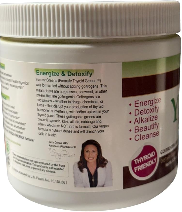 Yummy Greens Drink Mix with Sea Lettuce Dulse Acai Pineapple and probiotic for Energy Vitality and Wellness. Product is Patented Gluten Free Thyroid Friendly