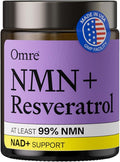 OMRE NMN + Resveratrol Supplement 99% Purity for Cellular Energy NAD+ Boost | Highly Bioavailable Nicotinamide Mononucleotide Supplement Resveratrol 500mg &amp NMN 500mg Made in USA 60 Capsules
