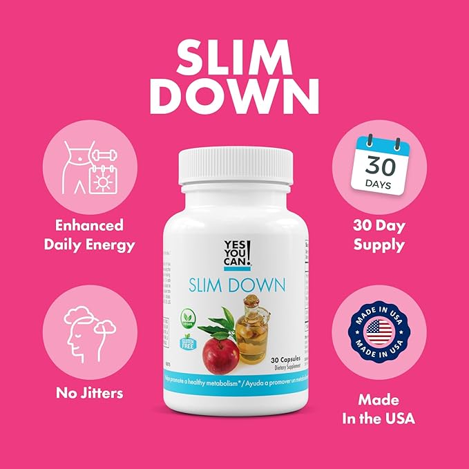 Yes You Can! Slim Down Dietary Supplements - with African Mango L-Carnitine Apple Cider Vinegar Green Tea Extract and Caffeine derived from Guarana Seed Extract 30 Capsules/1 Month Supply