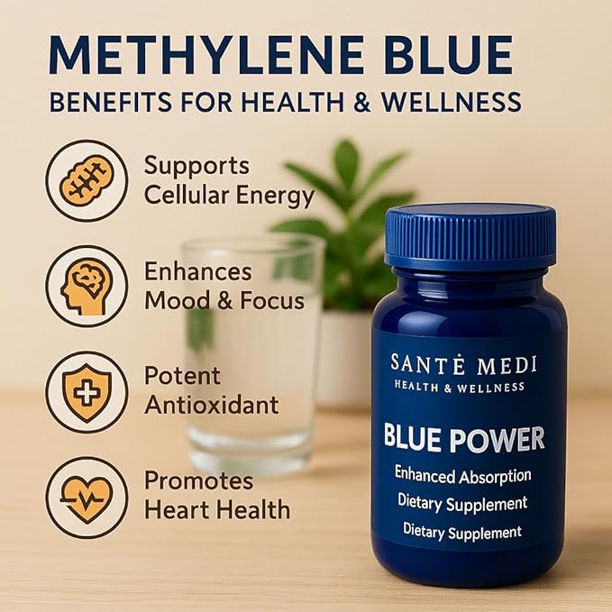Blue Power - Methylene Blue (USP Grade) Pharma Grade - 120 Capsules (2 Pack) with Added Vitamin C Ester for Enhanced Absorption - Brain Supplement for Memory Focus Clarity