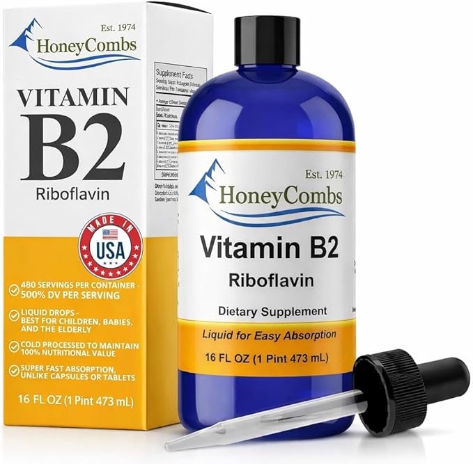 HoneyCombs Riboflavin Vitamin B2 Liquid Drops 750 Percent DV b2 Made in USA Alcohol Free B2 Vitamins Supplement Alternative to Capsules for Adult Daily Use (16 oz)