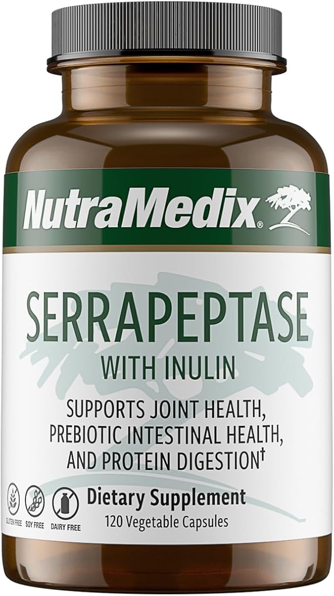 NutraMedix Serrapeptase Supplement with Proteolytic Digestive Enzymes for Women &amp Men - Inulin Prebiotic Fiber for Gut Health &amp Joint Support - Dairy Soy &amp Gluten-Free (120 Capsules)
