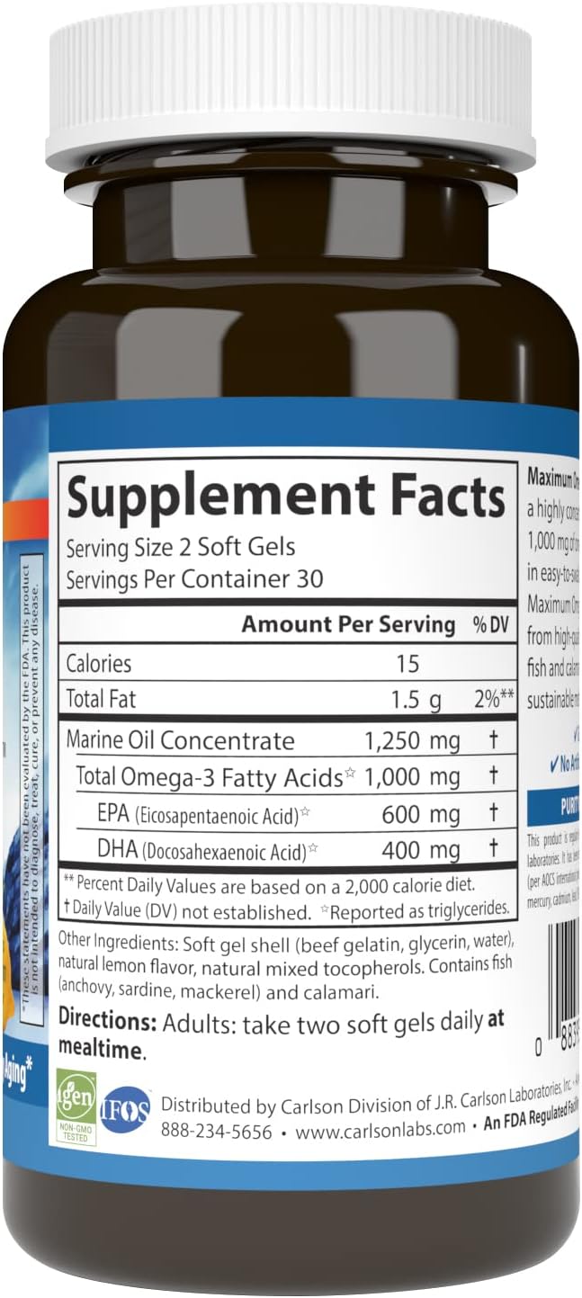 Carlson - Maximum Omega Minis 1000 mg Omega-3s Heart Function Brain Support &amp Healthy Aging Lemon 60 Mini Softgels