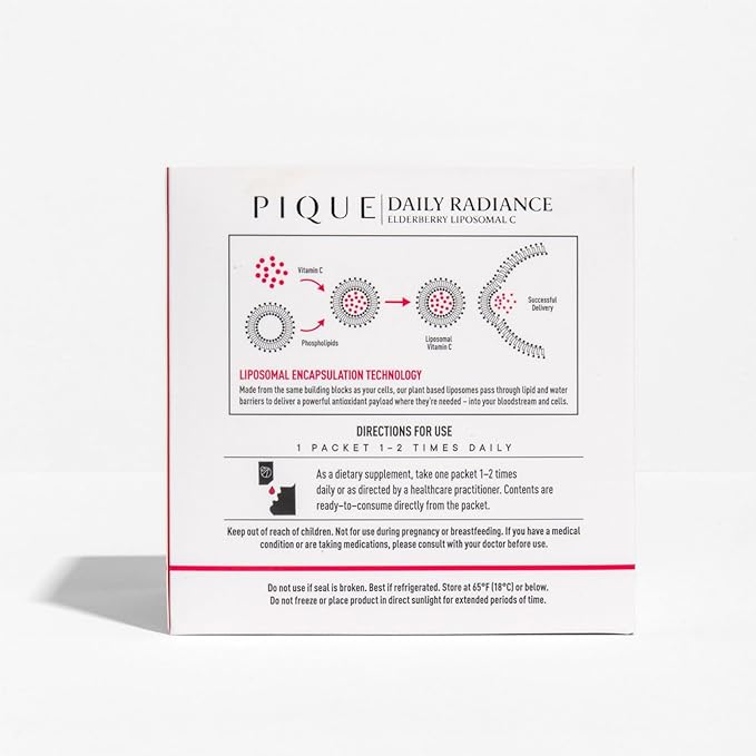 PIQUE Daily Radiance Liposomal Vitamin C for Immune Support - 1000 mg Vitamin C &amp 1900 mg Elderberry per Packet Powerful Antioxidants for Healthy Collagen Production - 28 Packets (10mL Each)