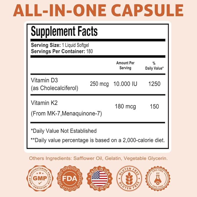 Health Dose Vitamin D3 10000 IU + K2 (MK7) Supplement 2-in-1 Formula Immune Support a Healthy Mood Heart Joint Teeth Bone Health Calcium Absorption 180 softgels. (3)