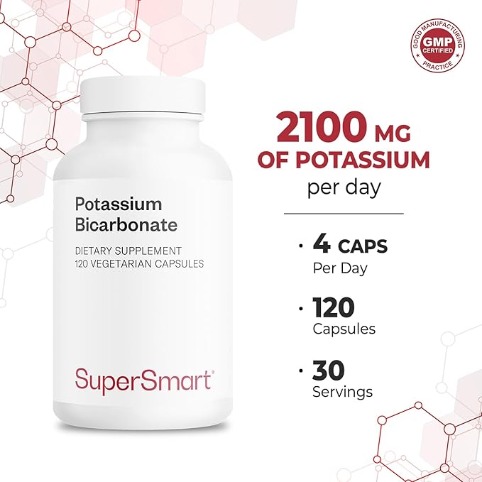 Supersmart - Potassium Bicarbonate 5400mg per Day (High Dose) - Electrolyte Mineral - Acid-Base Balance pH - Heart Muscle &amp Nerve Health | Non-GMO &amp Gluten Free - 120 Vegetarian Capsules