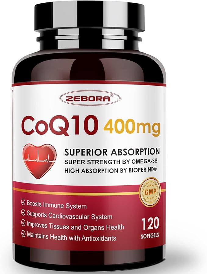 ZEBORA CoQ10-400mg-Softgels with PQQ BioPerine &amp Omega-3 Coenzyme Q10(Ubiquinone) Supplement for High-Absorption Powerful-Antioxidant Support Heart &amp Energy-Production 120 Servings