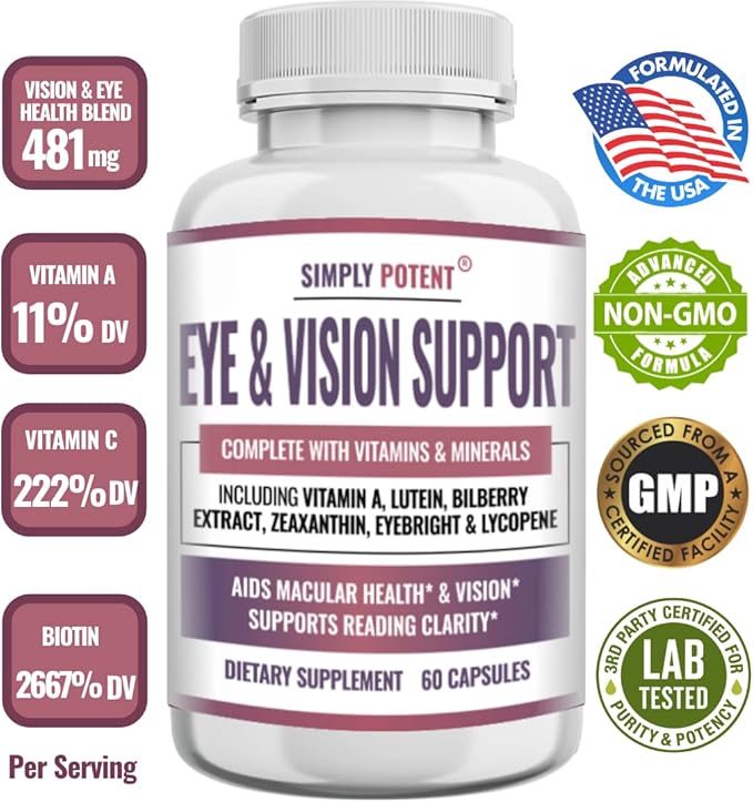 Lutein &amp Zeaxanthin Eye Health Supplements for Adults Natural Eye &amp Vision Formula w/Vitamin A Lutein Zeaxanthin Bilberry Extract Eyebright &amp Lycopene for Retina &amp Lens 60 Caps