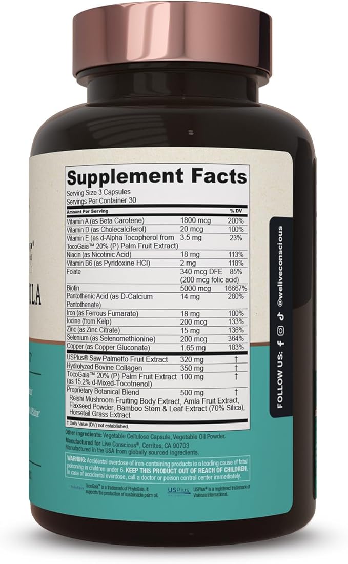 Hair La Vie Live Conscious Clinical Formula Hair Growth Vitamins for Women and Men w/Biotin Collagen &amp Saw Palmetto (Pack of 1)