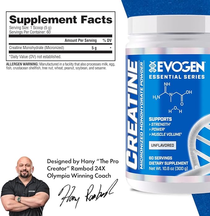 Evogen Creatine Monohydrate Powder - Micronized Creatine for Women &amp Men | Pure Creatine Powder Supplement for Strength Power &amp Recovery | Unflavored | 60 Servings