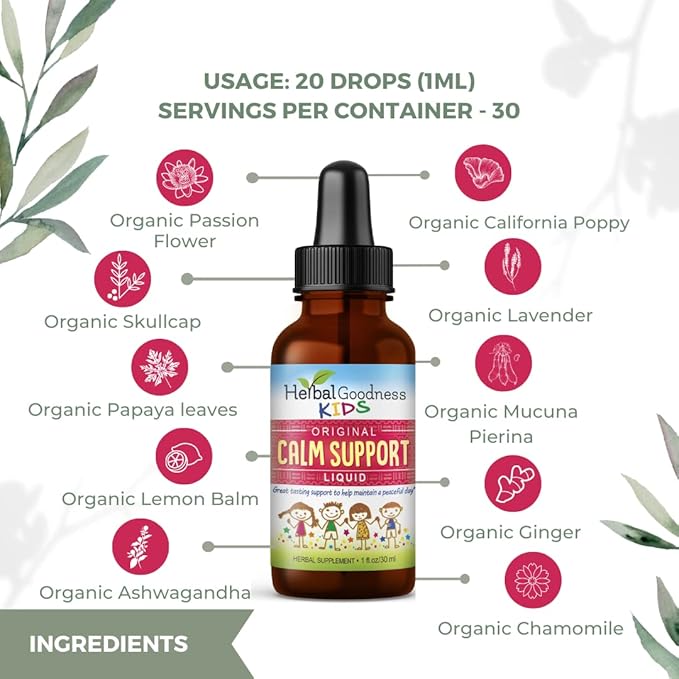Kids Calm Support Liquid Extract 1oz with Magnesium Glycinate Magnesium Citrate Multivitamin - Magnesium for Kids - 1oz Bottle 1 Unit - Herbal Goodness