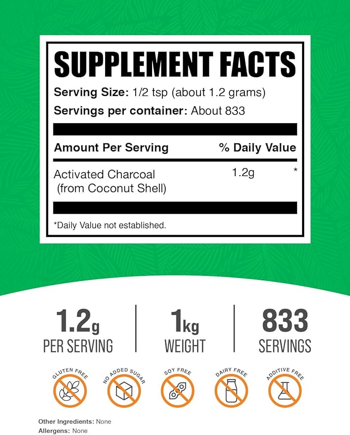 BulkSupplements.com Activated Charcoal Powder - from Coconut Charcoal for Teeth Whitening - Vegan &amp Gluten Free 1.2g per Serving 1kg (2.2 lbs) (Pack of 1)