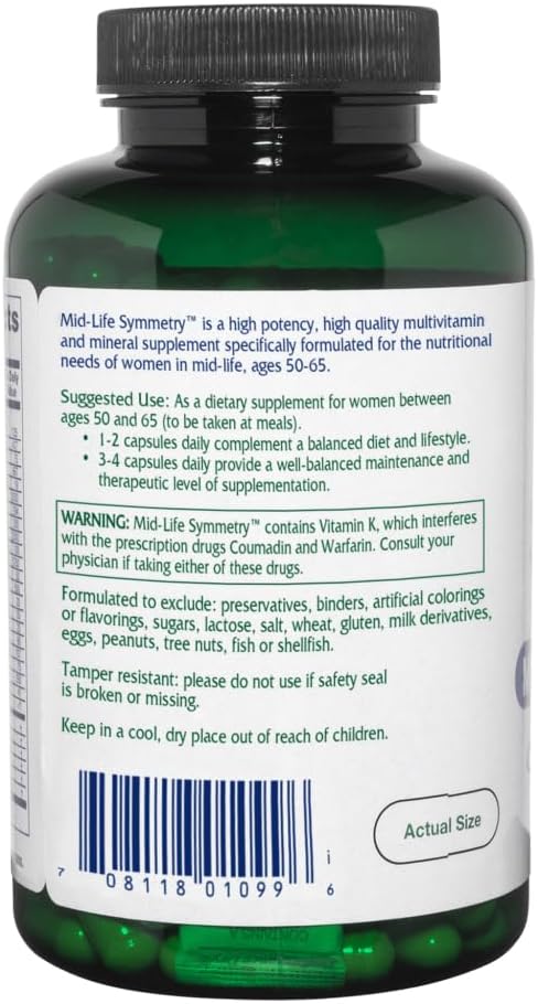 Vitanica - Mid-Life Symmetry 50-65 High Potency Daily Multivitamin and Mineral Vegan 180 Capsules