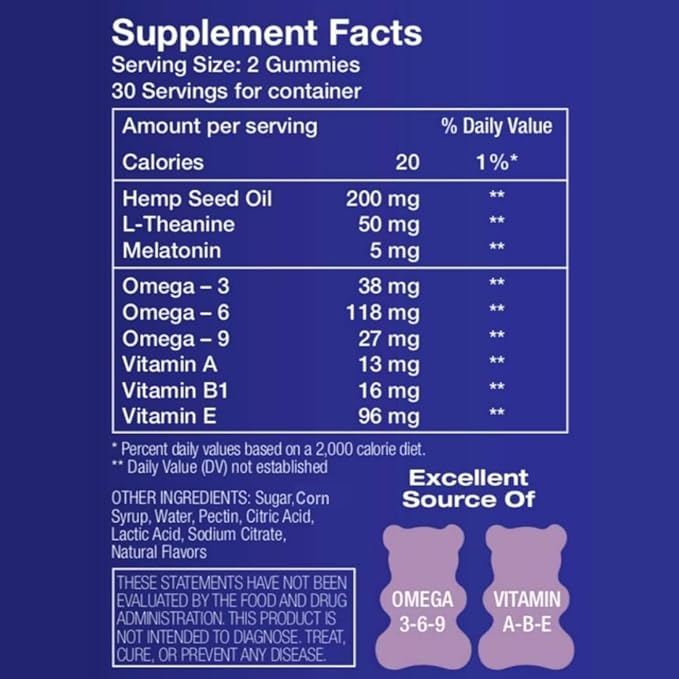 Hemp Sleep Gummies Triple Action | Promotes Healthy Sleep | Relaxes Body &amp Mind | Made in USA | 5mg Melatonin | 200mg Hemp | 10mg L-Theanine | 60 Organic Gummies