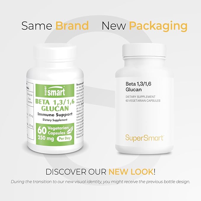 Supersmart - Beta Glucan Supplement 250mg per Day (High Strength) - Beta 1.3/1.6 Glucans - Saccharomyces Cerevisiae Extract | Non-GMO &amp Gluten Free - 60 Vegetarian Capsules