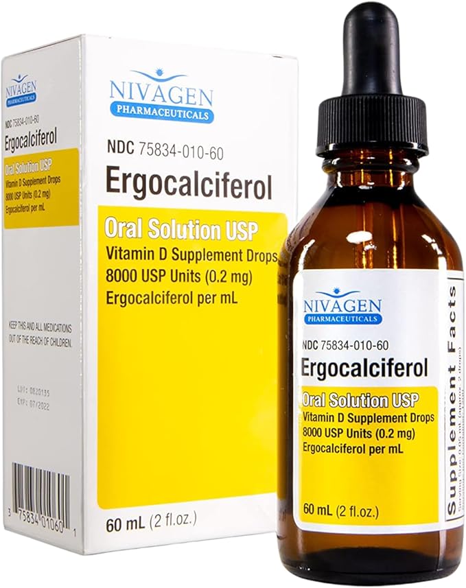 Nivagen Vitamin D2 Liquid Drops 8000 USP (Ergocalciferol) | 400 IU per Serving | 2 Drops Once Daily | 1200 Servings 60ml (2 fl. oz) | Faster Absorption | Bone Muscle &amp Immune Support | Made in
