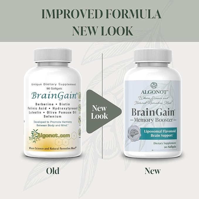 BrainGain Luteolin &amp Key Ingredients with EVOO. May Support The Body in Reducing Stress While Increasing Cognitive Function. The only liposomal Luteolin Products Using Olive Pomace Oil.