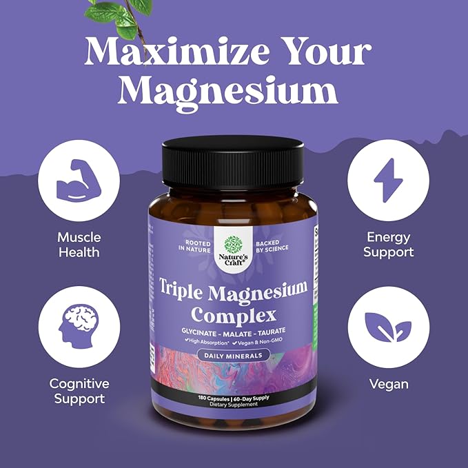 Triple Magnesium Complex Supplement - High Absorption Magnesium Glycinate Malate &amp Taurate Blend for Muscles Energy Support &amp Heart Health - Triple Mg Complex 400 mg Capsules - 180 Count