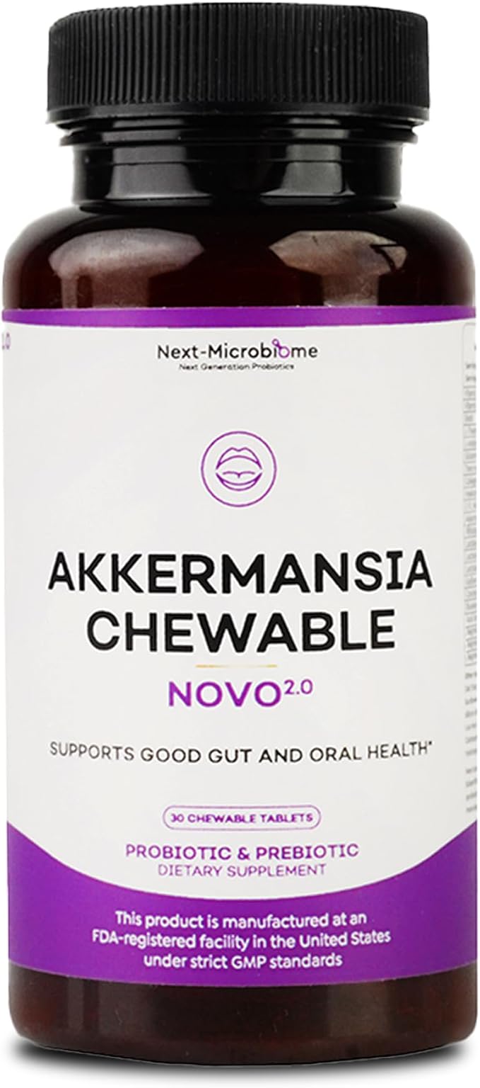 Chewable Akkermansia Probiotic and Prebiotic Supplement NOVO 2.0 with HMO Supports Gut and Oral Microbiome Supplements for Digestive Health and Skin Vitality Targeted Delivery 30 Tablets