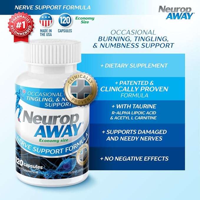 NeuropAWAY Nerve Support Supplement R-Alpha Lipoic Acid to Help Provide Nerve Relief and Health in as Little as 5 Days Acetyl-L-Carnitine Taruine Vitamin B12 L-Citrulline 120 Capsules
