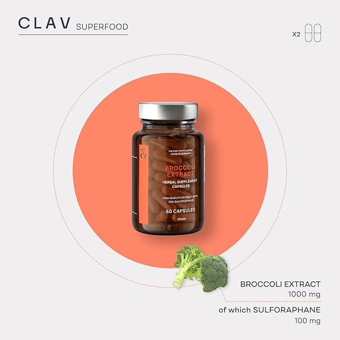 CLAV Broccoli Sprout Extract Capsules - Premium Sulforaphane Supplement with 100mg Sulforaphane - Antioxidant - 60 Broccoli Pills - Made in Germany