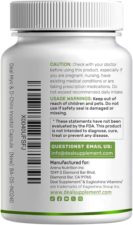 Myo-Inositol &amp D-Chiro Inositol Supplement for Women (40:1) | 2050mg Per Serving | 240 Veggie Capsules | with Folate Vitamin D3 &amp Vitex | Hormonal Balance &amp Cycle Support | Non-GMO