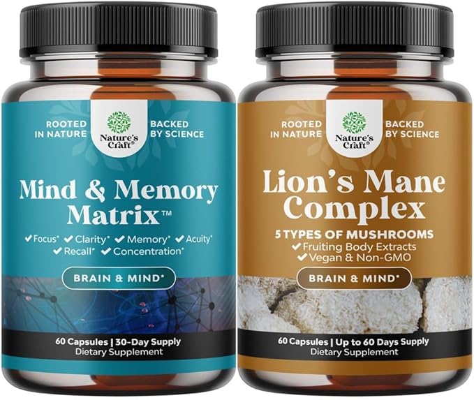 Bundle of Nootropic Brain Supplement for Mental Health &amp Clarity with VIT A B6 Riboflavin Niacin Thiamin Folate and Advanced Lion's Mane Mushroom Supplement - Brain Health Memory Support &amp