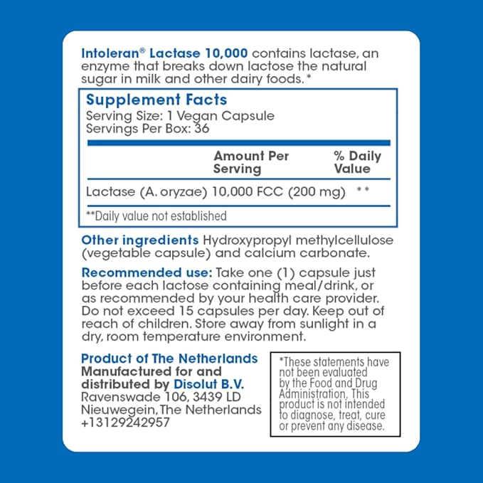 Intoleran Lactase 10000 Digestive Enzymes - 36 Capsules | Supplement for Lactose Intolerance | Lactase Enzyme That Helps Digest Dairy &amp Lactose | High Dosed &amp Fast Acting | Pure &amp Vegan |