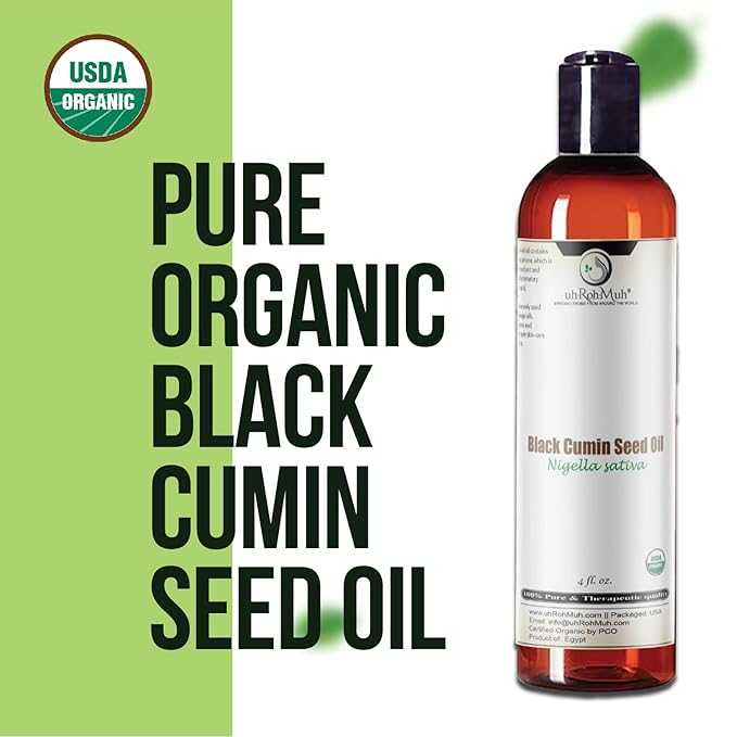 uh*Roh*Muh Premium USDA Organic Black Cumin Seed Oil – Cold-Pressed Nigella Sativa – 3% Thymoquinone (TQ Level) - 100% Pure Black Seed Cumin Oil for Skin Hair and Immune Support (4 Fl Oz)