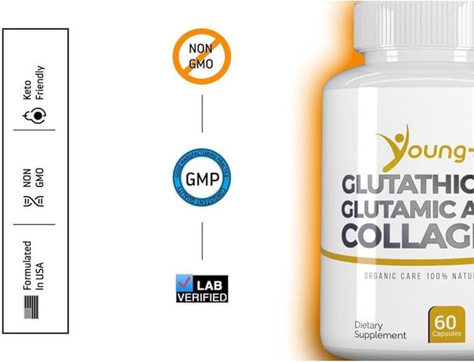 Young+ Glutathione Glutamic Acid and Collagen. Antioxidant Supplement - 1000mg 60 Capsules