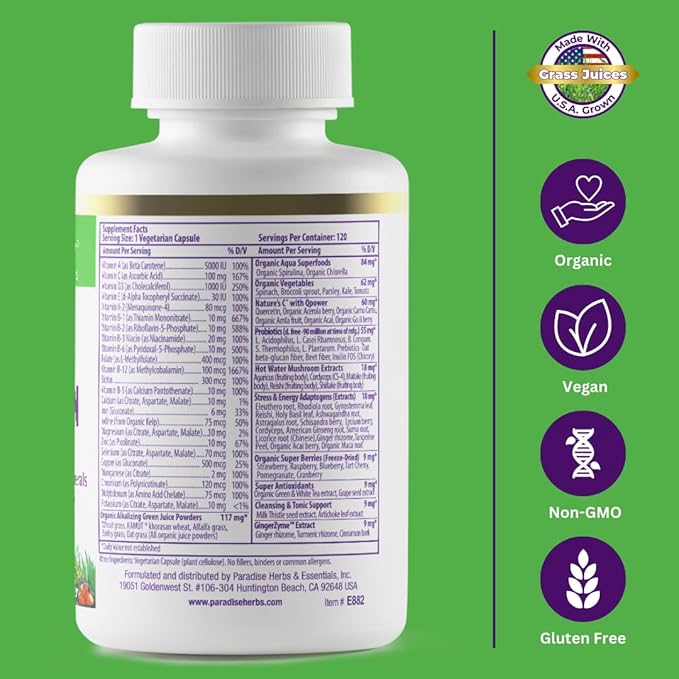 Paradise Herbs Earth's Blend Once Daily Multivitamin with Iron 48 Organic Superfoods Probiotics Antioxidants Vitamins A B12 C D K2 120 Capsules