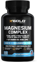 X Gold Health Magnesium Complex 5-in-1 with Zinc &amp B6 High Absorption Capsules (Glycinate Citrate Malate Taurate Oxide) Muscle Recovery Energy Sleep Support &amp Immune Health 500mg Made in