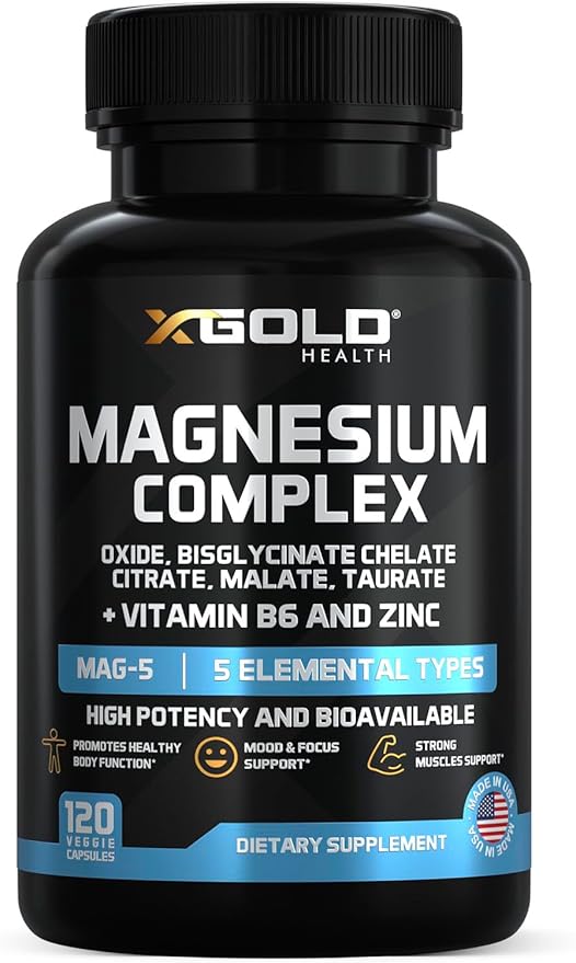 X Gold Health Magnesium Complex 5-in-1 with Zinc &amp B6 High Absorption Capsules (Glycinate Citrate Malate Taurate Oxide) Muscle Recovery Energy Sleep Support &amp Immune Health 500mg Made in