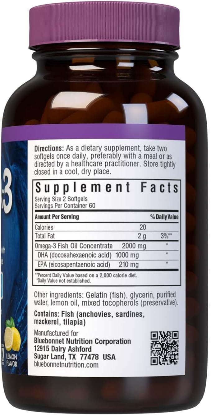 BlueBonnet Nutrition Omega-3 Brain Formula Natural Wild Caught Triglyceride Form DHA 1000 mg EPA 210 mg Highly Concentrated Cognitive Health &amp Wellness Support Supplement Gluten-Free Softgel Ye