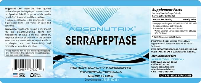 Absonutrix Serrapeptase Enzyme 583mg 4 Fl oz 250000 spu per Serving 120 Servings High Bioavailability Quick Absorption GMP-Certified Non-GMO Plant Based Made in USA