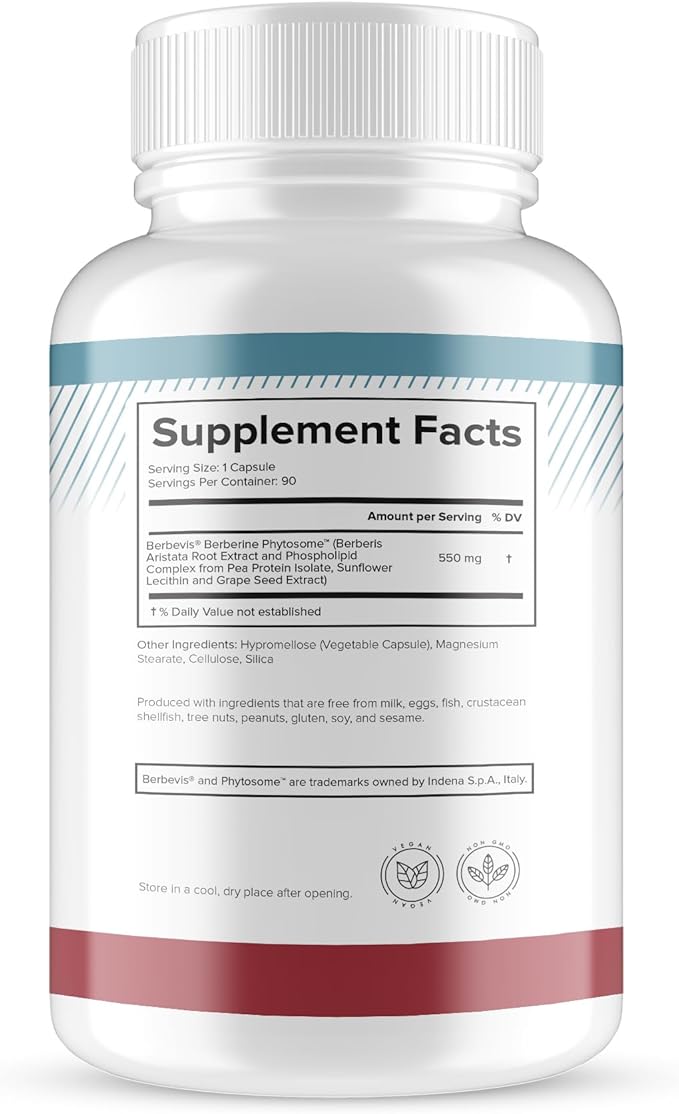 Berberine Phytosome with Berbevis 550mg Enhanced Absorption Supplement for Metabolic Support &amp Heart Health Highly Bioavailable Berberine Complex Gluten-Free Non-GMO 90 Vegetarian Capsules