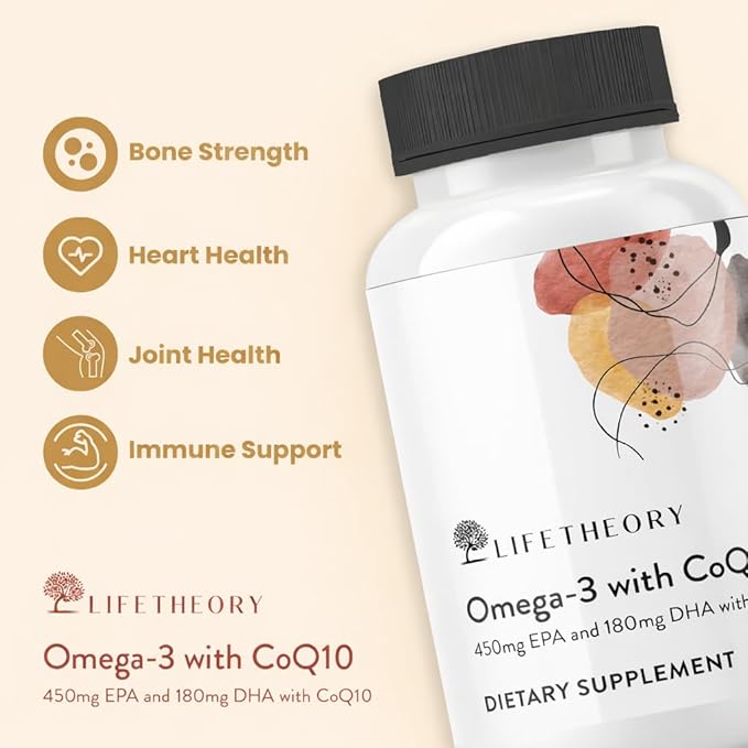 LIFETHEORY Omega-3 with CoQ10 | 450mg EPA &amp 180mg DHA per Serving | Fish Oil Dietary Supplement | with Coenzyme Q10 | 60 Softgels