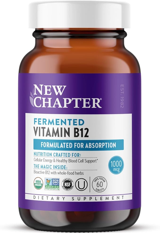 New Chapter Fermented Vitamin B12 1000 mcg USDA Organic ONE Daily for Cellular Energy + Healthy Blood Cells Certified Vegan Gluten Free - 60 Count