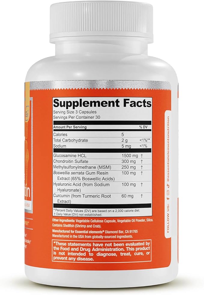 Essential Elements Glucosamine Chondroitin MSM Boswellia Serrata Hyaluronic Acid Supplement Joint Support Antioxidant Supplement for Flexibility - 90 Capsules