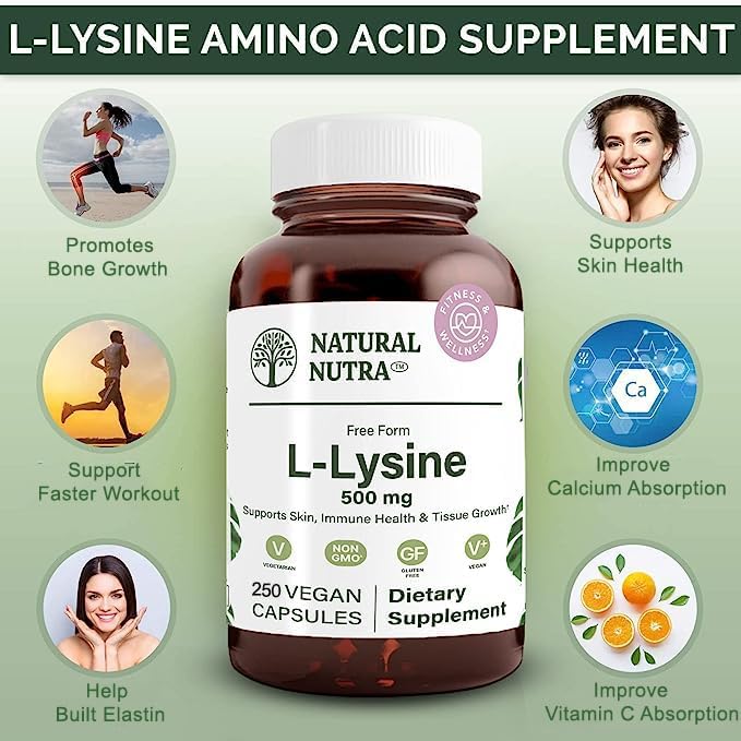 Natural Nutra L Lysine HCl Promotes Bone Health and Growth Support Skin Health Improve Vitamin C Absorption Helps Built Collagen Improve Calcium Absorption Non-GMO Vegan 500 mg 250 Capsules.