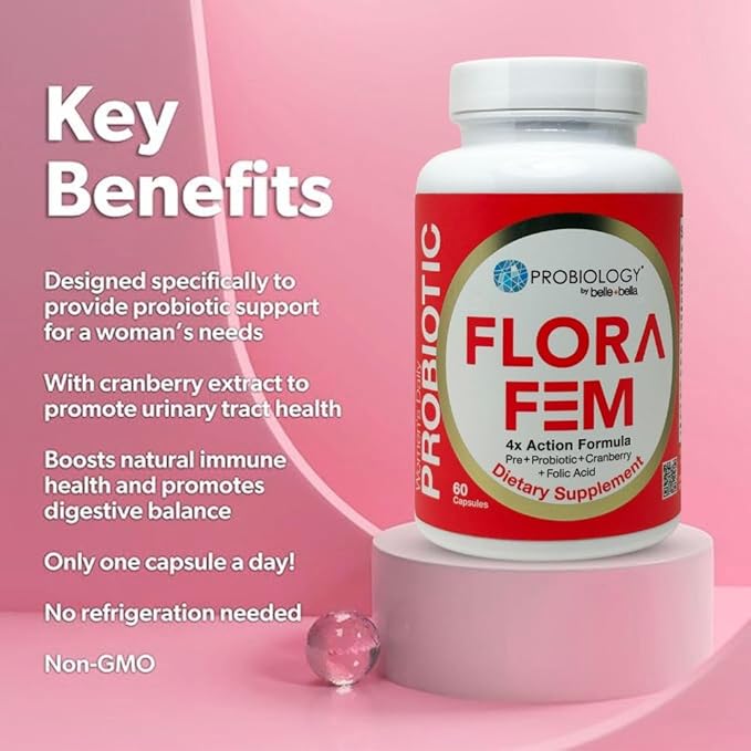 Belle+Bella Probiology Flora Fem - Daily Probiotics for Women - 4X Action Prebiotic + Probiotic + Cranberry + Folic Acid for Digestive Urinary Tract Reproductive &amp Vaginal Health - 60 Caps