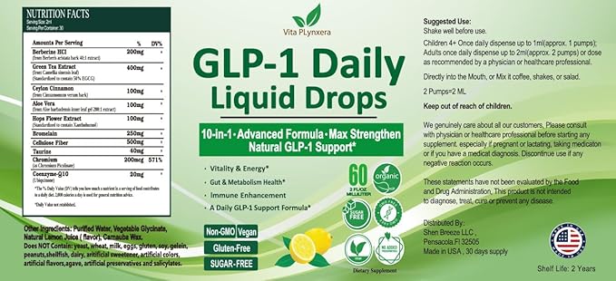 GLP-1 Support Liquid Drops 10-in-1 Formula with Berberine Ceylon Cinnamon Prebiotic Fiber &amp Green Tea Extract | Support Healthy Metabolism Digestive &amp Gut Health for Women &amp Men | Vega