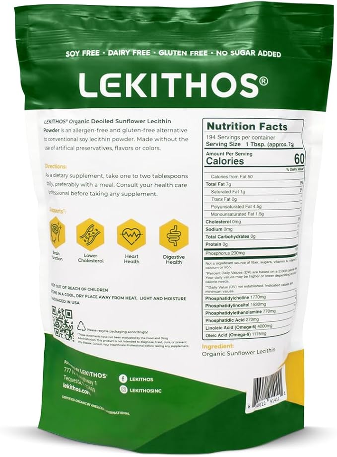 Organic Sunflower Lecithin Powder (Deoiled) | 1770mg Phosphatidylcholine Per Serving | Omega-6 &amp Omega-9 Fatty Acids | USDA Organic Non-GMO Soy-Free Gluten-Free Vegan | 3lb (1360g)